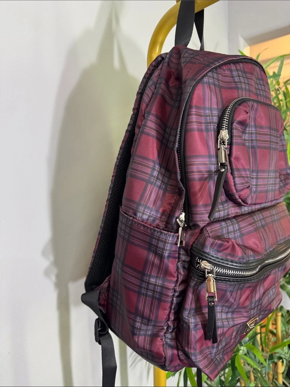 Madden NYC Burgundy Plaid Backpack with Front Zip Pocket shiny silver hardware